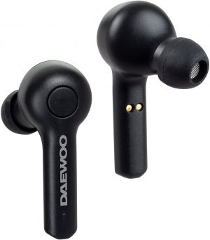 Daewoo Wireless Air Buds with Charging Case and QI Wireless Charging Pad, 10 Meter Bluetooth Range, Up to 2.5 Hours of Play Time, Protective Acrylic Case- (Black)