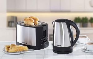 Daewoo Stainless Steel Kettle and Toaster Twin Pack Set, 18/10, Glass Kettle & Toaster