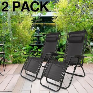 SET OF 2 ZERO GRAVITY GARDEN SUN LOUNGER TABLE CHAIR CUP WITH CUP HOLDER BLACK