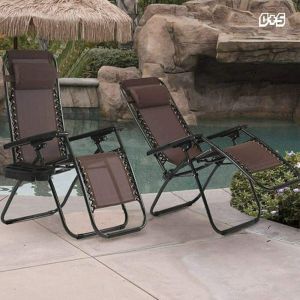SET OF 2 ZERO GRAVITY GARDEN SUN LOUNGER TABLE CHAIR CUP WITH CUP HOLDER BROWN